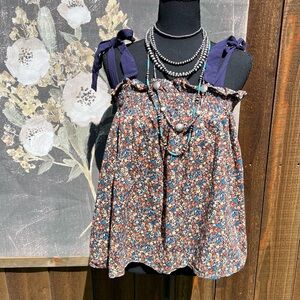 Sugar + Lips Navy Blue Colorful Ditsy Floral Bow Tie Shoulder Strap Blouse Sz M
